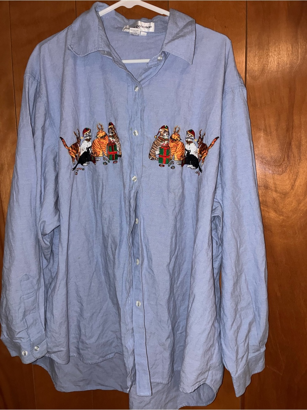 Casey Coleman Light Blue Embroidered Cat Button-Up Shirt 3x